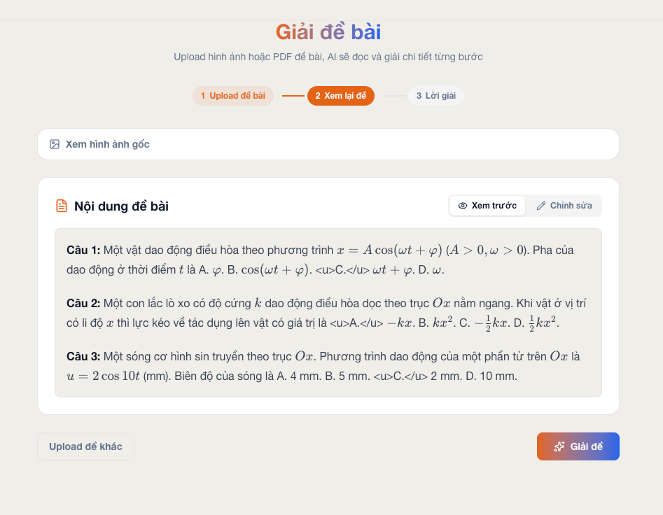 Màn hình xem lại nội dung đề bài sau khi AI đọc
