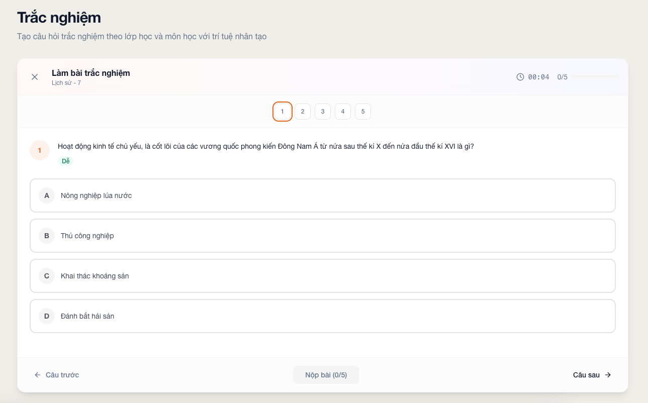 Màn hình làm bài trắc nghiệm trong Quiz Creator